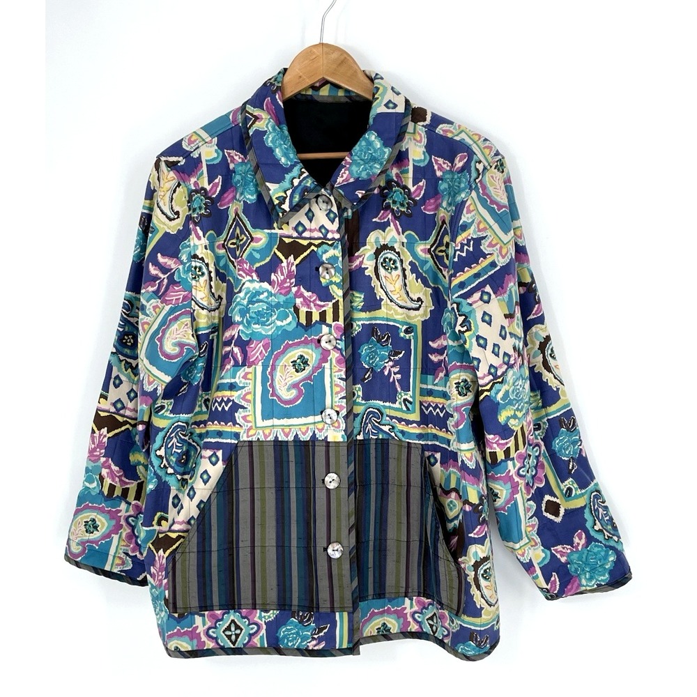 Koos of Course Womens Large Paisley Multicolor Quilted Reversible Silk Jacket
